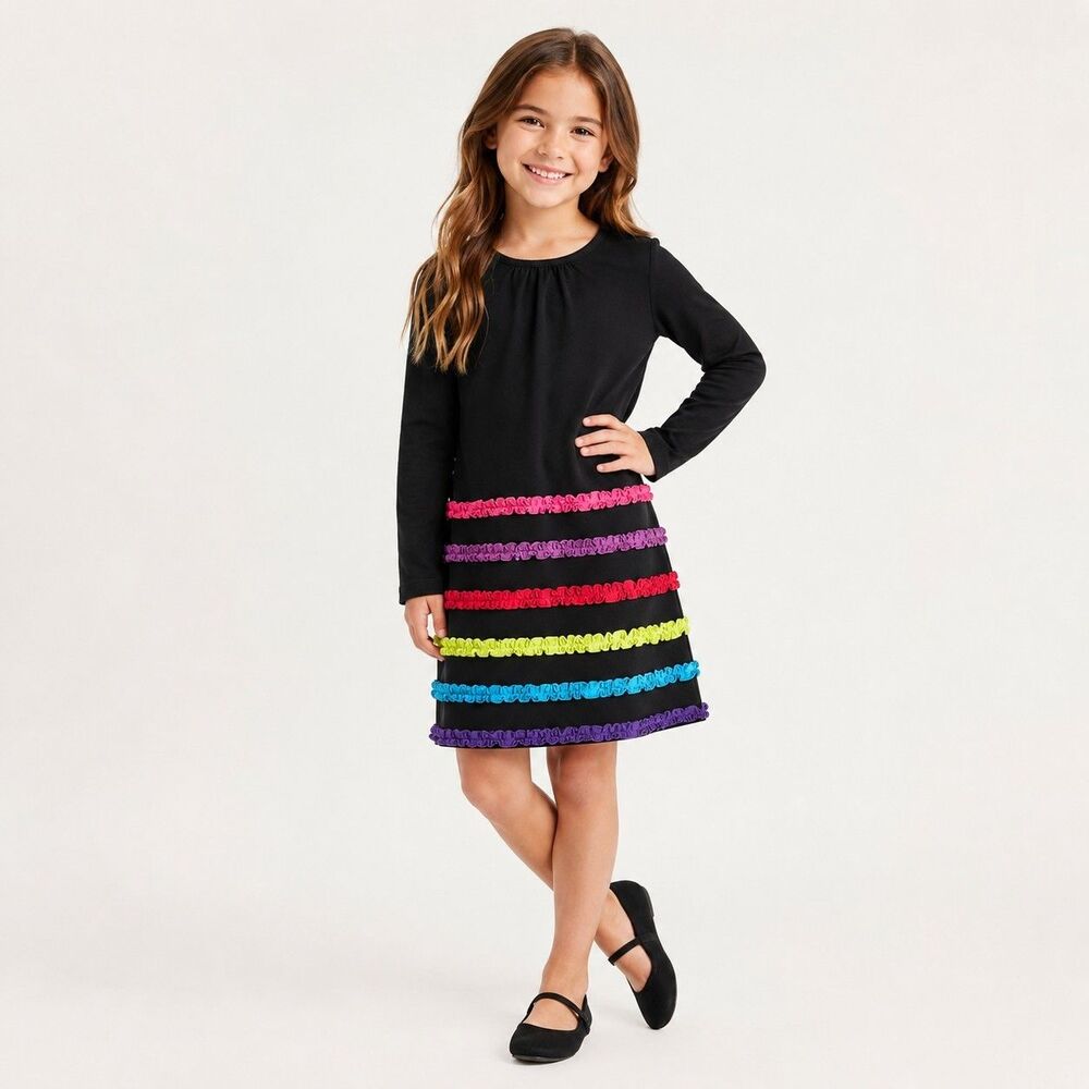 Hanna Andersson Lotsa Ruffles Black Rainbow Cotton Stretch Dress  Girls Size 8